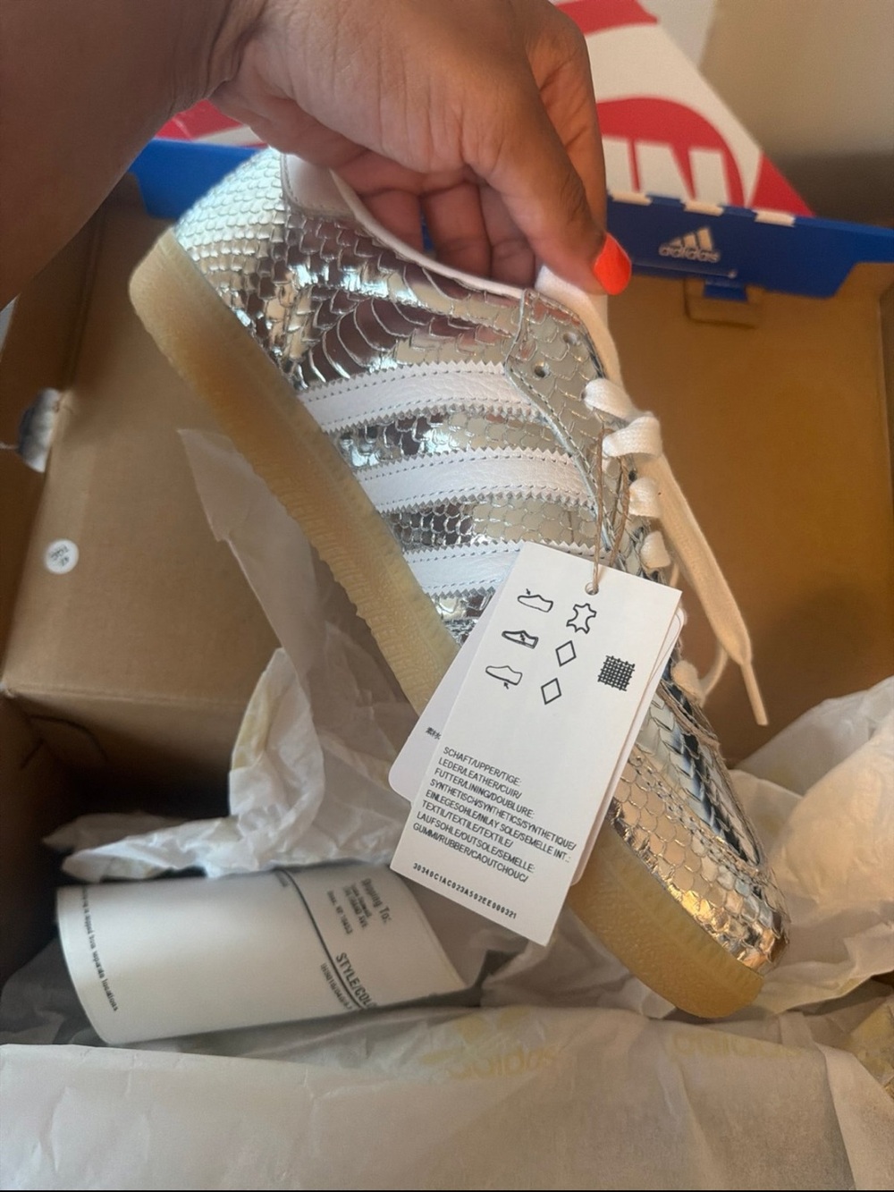 adidas Metallic Silver Snake-Texture Samba with White Stripes